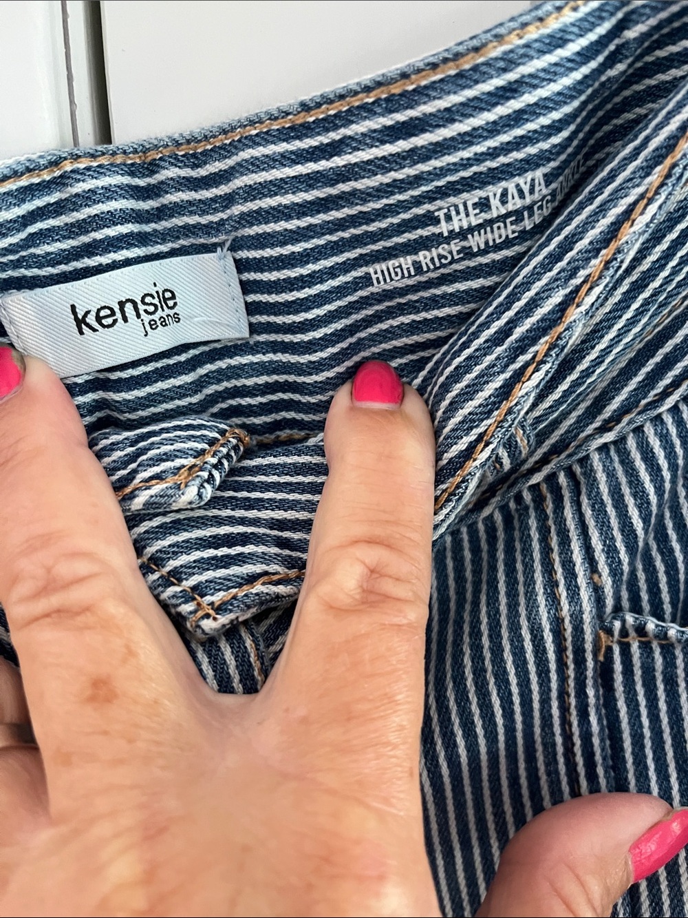 Kensie Navy and White Pinstripe Wide-Leg Jeans with Tie Waist - Picture 2 of 3